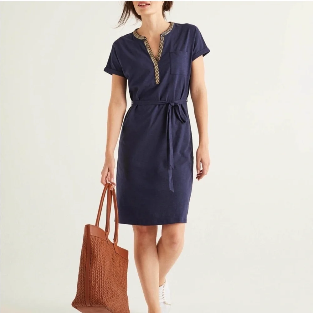 Boden navy blue dora embroidered gold leaf jersey dress womens 12L